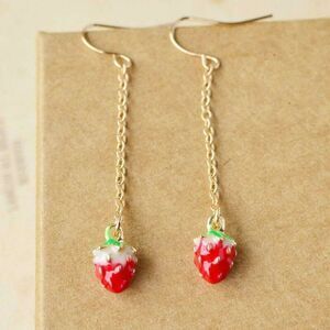 Handmade Enameled Strawberry Charm Dangle Gold Plated Chain Earrings